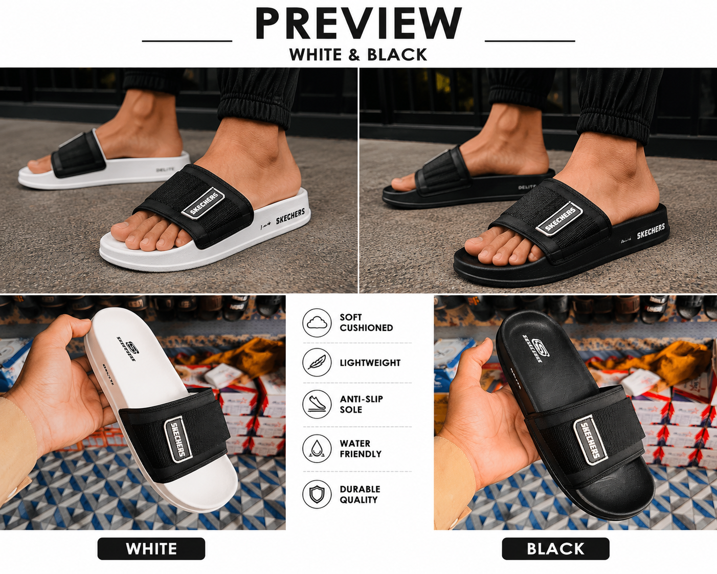 Skechers Style Adjustable Comfort Slides – White & Black | Premium Everyday Slippers