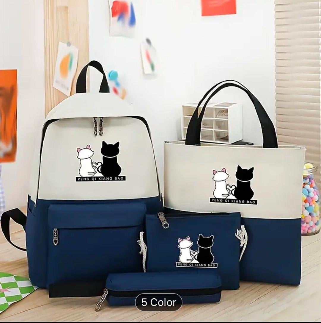 Cute Cat 5-in-1 School Bag Set for Girls