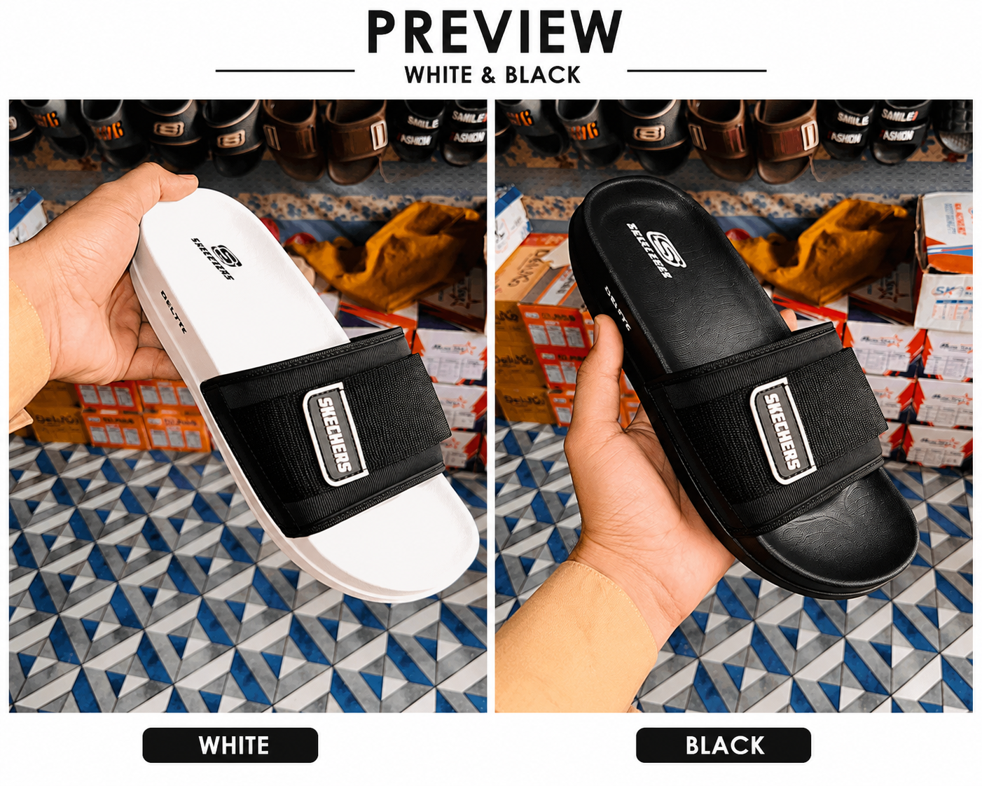 Skechers Style Adjustable Comfort Slides – White & Black | Premium Everyday Slippers
